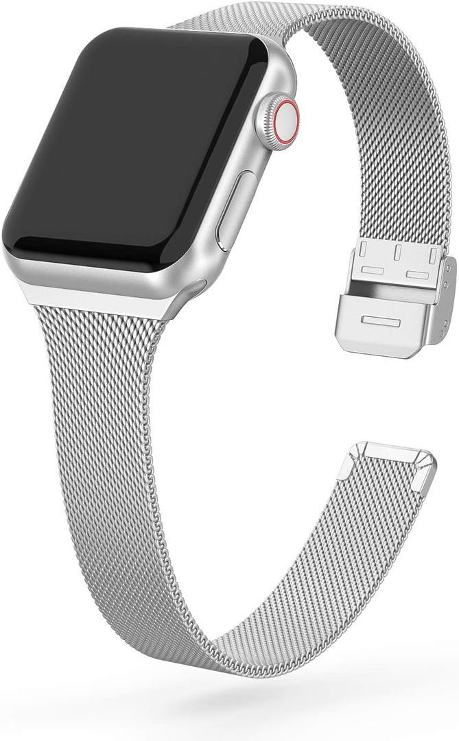 Compatible with Apple Watch Bands 38mm 40mm 41mm 42mm(Series 10) 46mm 45mm 44mm 42mm(Series 1/2/3), Stainless Steel Metal Narrow Slim Thin Replacement Compatible for iWatch Series 10 9 8 7 6 5 4 3 2 1 SE Women (Silver)