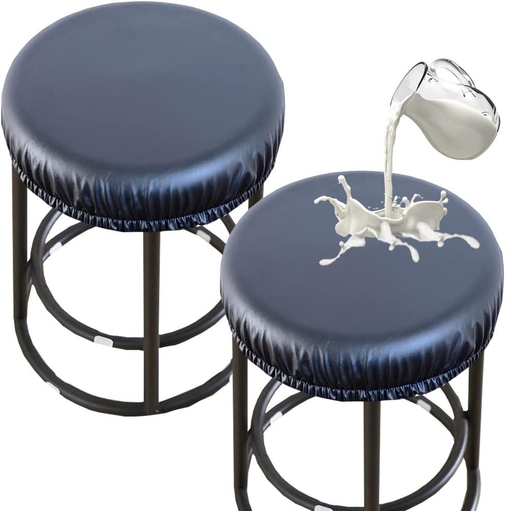 PU Bar Stool Covers - Waterproof, Washable Round Seat Covers with Elastic Bands for 12-17 Inch Chair (2Pcs, Black)