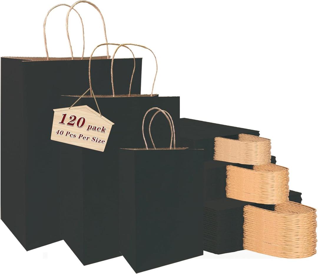 vanhel 120 pack,Black Gift Bags with Handles,Paper Bags with Handles, Assorted Sizes Bulk Black Paper Gift Bag for Business, Merchandise, Retail, Favors Grocery, Shopping