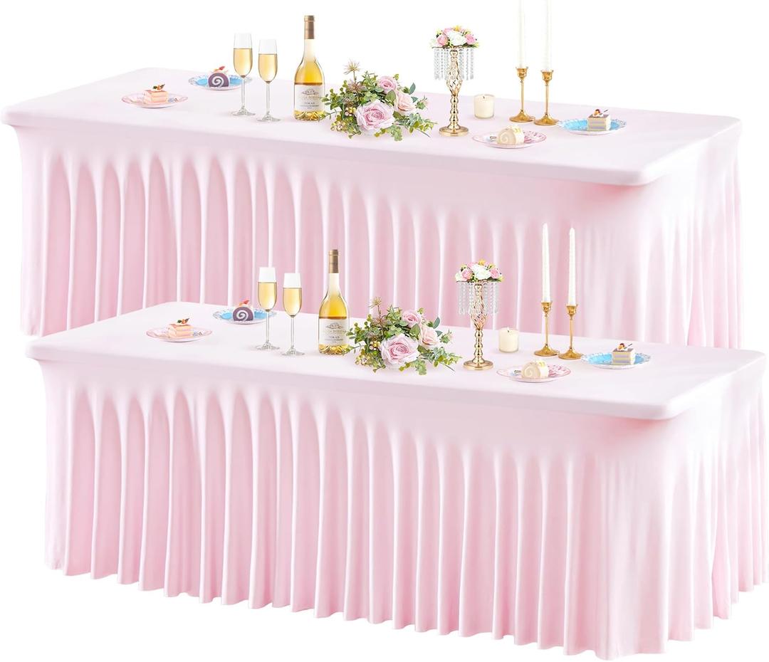 Wish Care 2 Pack Pink Spandex Table Clothes for 8 Foot Rectangle Tables, 8FT Wrinkle Free Fitted Tablecloths Ruffles Design Table Cover for Party, Banquet, Wedding and Events