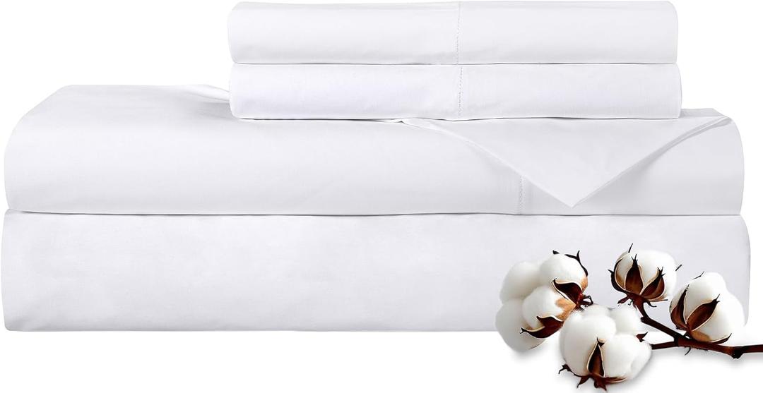 ROYALE LINENS 300 Thread Count 100% Long Staple Combed Cotton Sheet Set - 4 Piece Queen Bed Sheets - 1 Fitted, 1 Flat & 2 Pillow Cases - Soft Cool & Crisp Sheet Set (Queen, White)