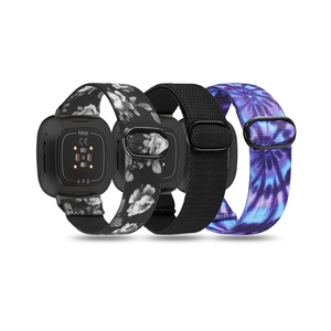 TOYOUTHS 3 Packs Compatible with Fitbit Sense/Sense 2/Versa 3/Versa 4 Bands Women Men Elastic Adjustable Nylon Fabric Strap Scrunchies Solo Loop Stretchy Bracelet Wristband, Black+Grey Floral+Tie Dye