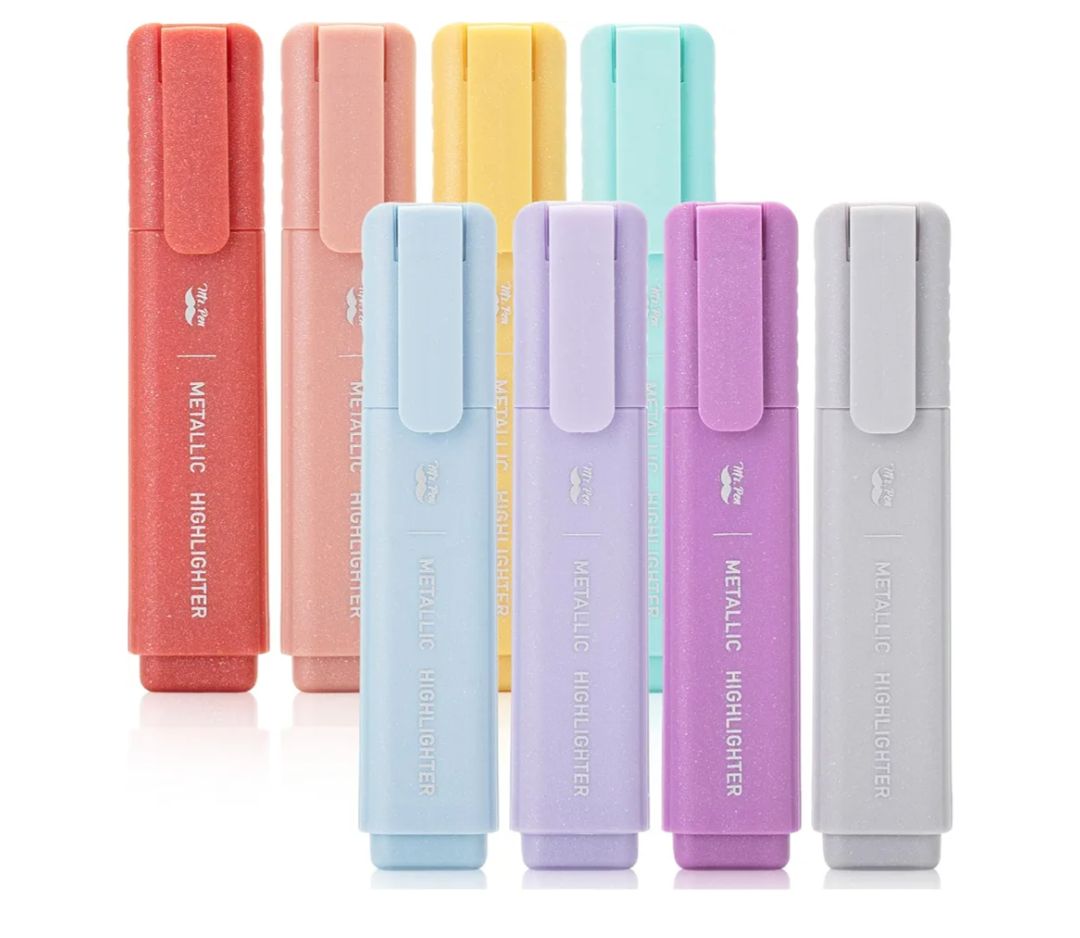 Mr. Pen- Glitter Highlighters, 8Pack, Metallic Colors, Chisel Tip Aesthetic Highlighters, Cute Markers