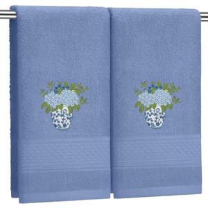 Frienda 2 Pcs Chinoiserie Vase Hydrangea Hand Towels Slate Blue Bathroom Decor 29.5x13.8 Inches Embroidered 100% Cotton Soft Absorbent Spring Summer Decorative Hand Towels for Bathroom Kitchen