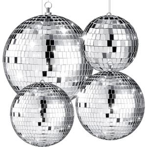 4 pack Large Disco Ball Silver Hanging Disco Balls Reflective Mirror Ball Ornament for Party Holiday Wedding Dance and Music Festivals Decor Club Stage Props (12 Inch, 8 Inch, 6 Inch, 4 Inch)
