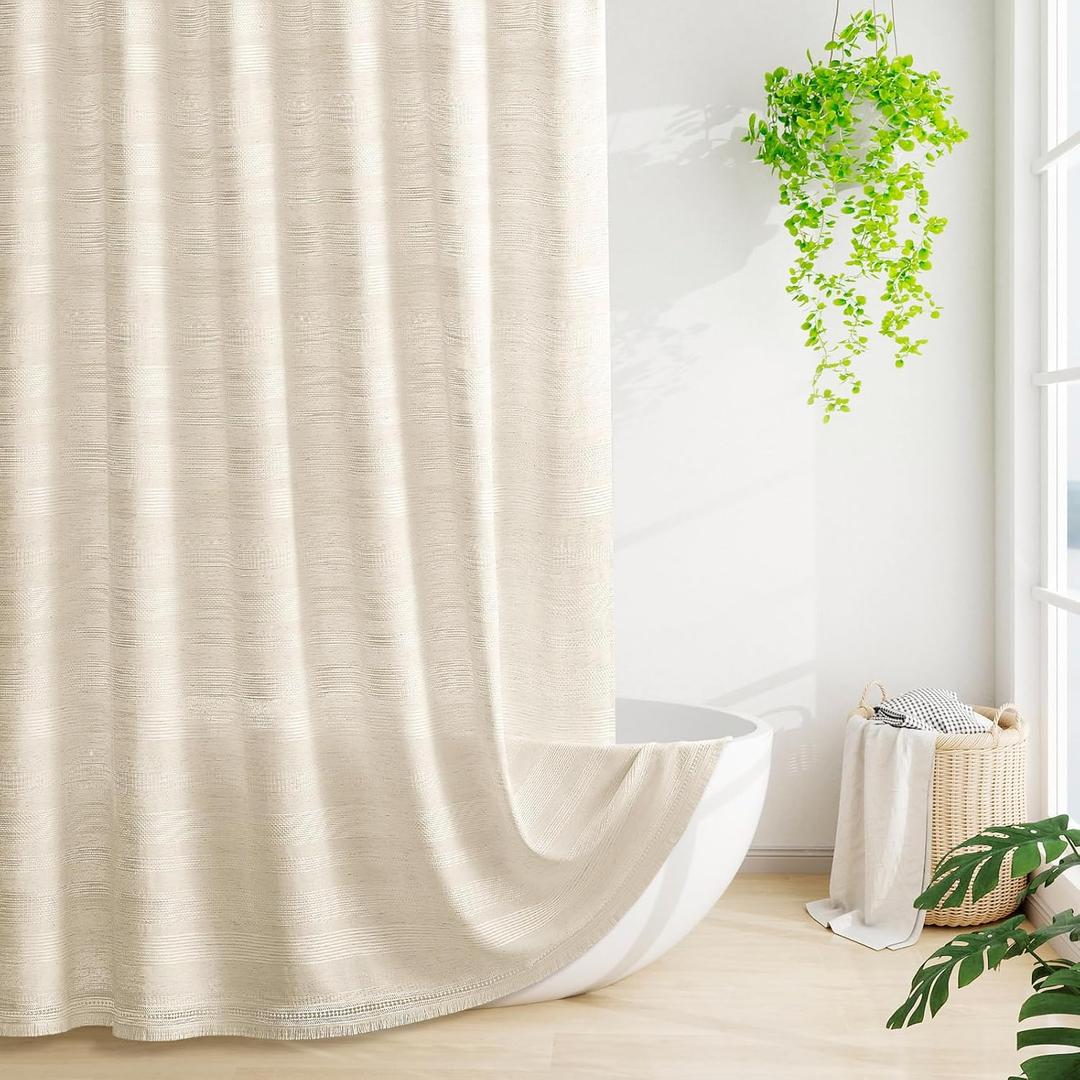 Boho Farmhouse Shower Curtain Set with Tassel, Modern Bohemian French Country Chic Bathroom Shower Curtain Set, Linen Striped Textured Shower Curtain 72x72 - Beige/Cream