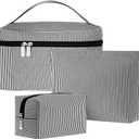 3 Pieces Makeup Bag Set for Women Cute Seersucker Cosmetic Pouch Travel Toiletry Bag Preppy Small Makeup Purse Pouch Aesthetic Skincare Brushes Storage Organizer for Women(Black)