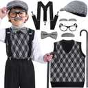 Kids 100 Days of School Dress Up Costume for Boys, Old Man Costume for Kids 5 6 7 8, Old Person Costume for Kid, 9 PCS Grandpa Dress Up Accessories with Hat, Glasses, Mustache, Cane