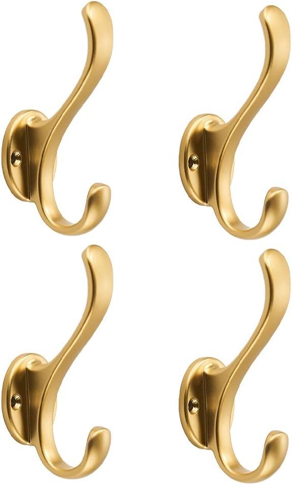 khtumeware 4 Pack Brushed Gold Coat Hooks Wall Mount Heavy Duty Utility Retro Double Hooks for Hanging Coats,Hat, Towel, Key, Robe, Scarf, Bag, Cap (Brushed Gold)
