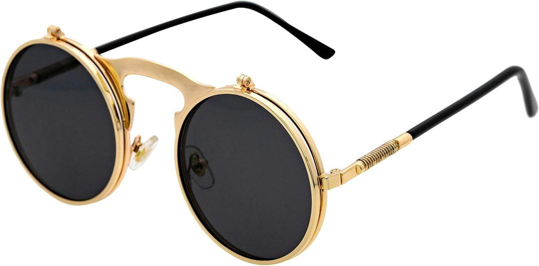 J&L Glasses Retro Flip-Up Round Goggles Steampunk Sunglasses, Black