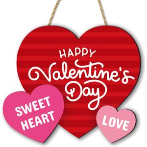 Valentines Day Decorations, Wooden Valentines Day Door Decor, Heart Shaped Door Hanging Sign, Happy Valentines Day Door Hanger Front Door Decorations for Home Porch, Wall, Outdoor (Red)