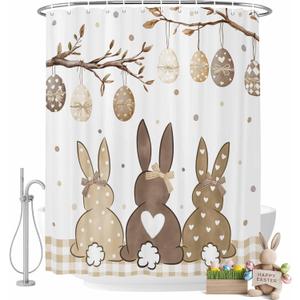 Easter Shower Curtains for Bathroom Bunny Spring Stall Shower Curtain Set Waterproof Polyester Bathroom Curtains Easter Eggs Rabbit Plaid Bathtub Decorations 72x72 Inch