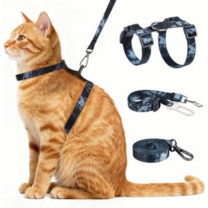 Cat Harness and Leash Set, 3-in-1 Escape Proof Adjustable, Comfortable Soft Lightweight, Safe, Easy to Wear, Walking Travel Kitten Harness for = Cats Black
