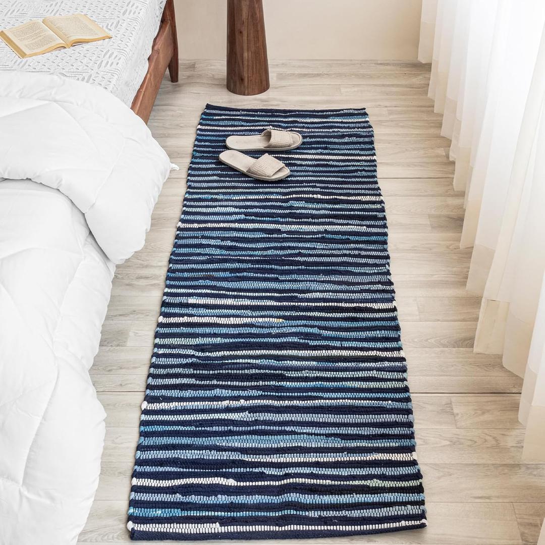 HOMEMONDE Hand Woven Rag Runner Eco Friendly Cotton Reversible Recycled Kitchen Outdoor Bathroom Navy, Size 6 Ft