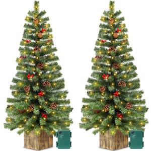 2 Pack 4 Ft Artificial Christmas Entrance Tree in Fake Wooden Box Base with 60 LEDs Warm White Light Timer Waterproof Battery Box Operated 140 Branches 14 Pinecone 12 Berries Xmas Decor for Door Porch
