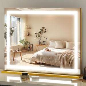 FENNIO 23" x 18" Vanity Mirror with Lights LED Makeup Mirror Hollywood Mirror with 3 Color Modes & Adjustable Brightness Vanity Mirror Square Gold