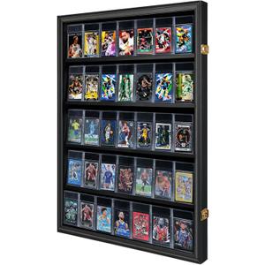 VERANI 35 Baseball Card Display Case - Graded Sports Card Display Frame - Holds Sport Cards with UV Protection Clear View Lockable Wall Cabinet for Football Basketball Hockey Trading Card Large Black