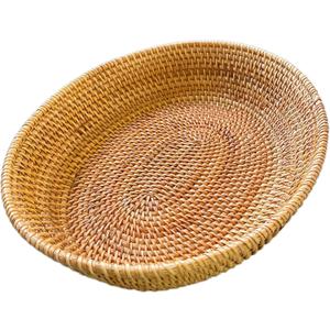 16Inch Tabletop Oval Rattan Fruit Serving Tray with 4" High Wall, Natural Brown Trapezoid Wicker Tray for Countertop,Woven Vanity Bowl Key Holder for Home Decor
