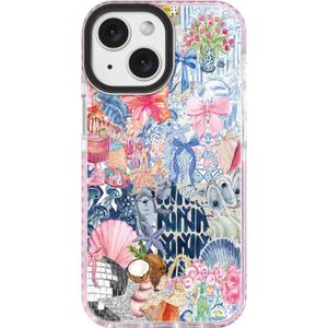 ChiCsFleur for iPhone 13 / iPhone 14 Case, TPU Phone case with Camera Protection for Women Girls Teens - Coastal Collage Pink Bow Disco Ball Y2K Gift Tropical Floral Blue White Aesthetic Unique (MarineOcean)