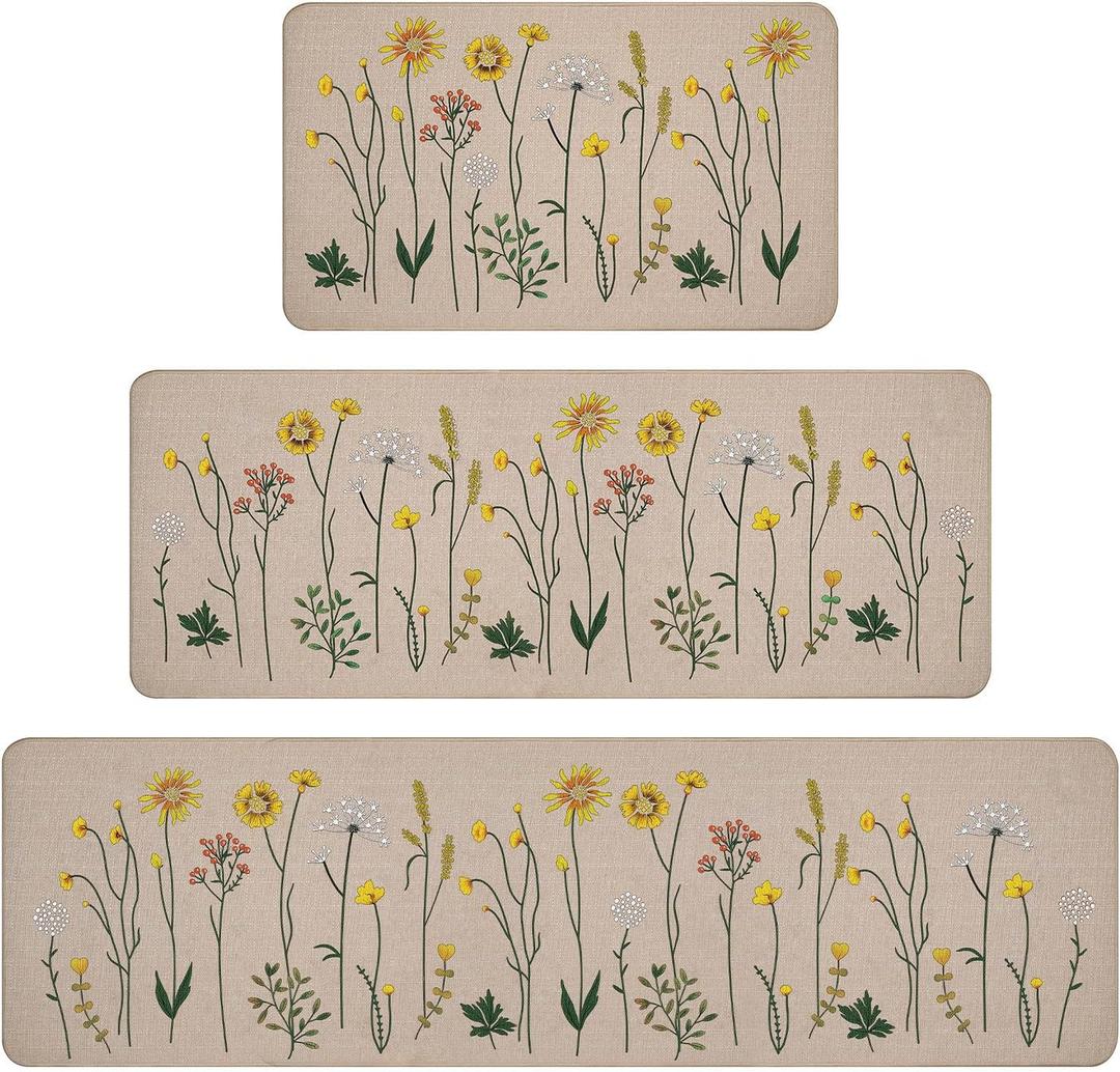 Rempry 3 PCS Kitchen Rugs Set, Colorful Flowers Non Slip Kitchen Mats for Floor, Waterproof Kitchen Rug for Laundry Room, Kithcen, 17"x47"+17"x30"+17"x59"