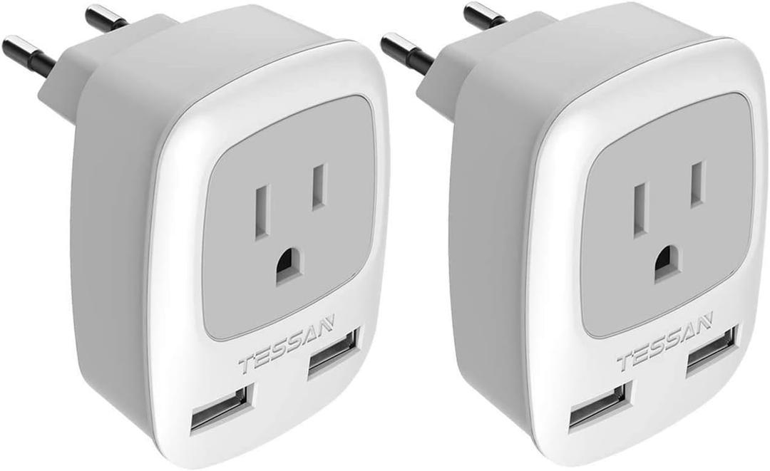 European Travel Plug Adapter 2 Pack, TESSAN International Power Outlet Adaptor with 2 USB, Type C Charger from USA to Most of Europe EU Spain Iceland Germany France Italy Israel (grey)