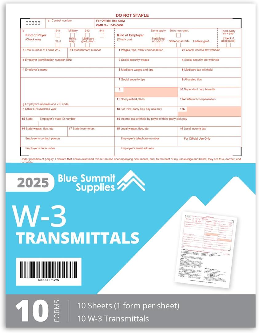 W3 Transmittal Tax Forms 2025, 10 Form W-3 Summary Laser Forms for Transmittal of Wage and Tax Statements, W-3 Forms, Compatible with QuickBooks and Accounting Software, 10 Pack