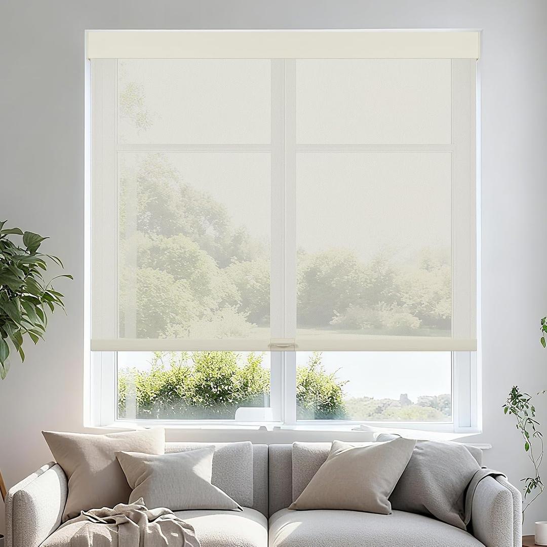 Persilux Free-Stop Cordless Roller Shades for Windows Light Filtering Shades, 5% Openness Solar Screen Semi Sheer Roller Blinds UV Protection for Office and Home. Easy to Install 33" W x 72" H, Beige