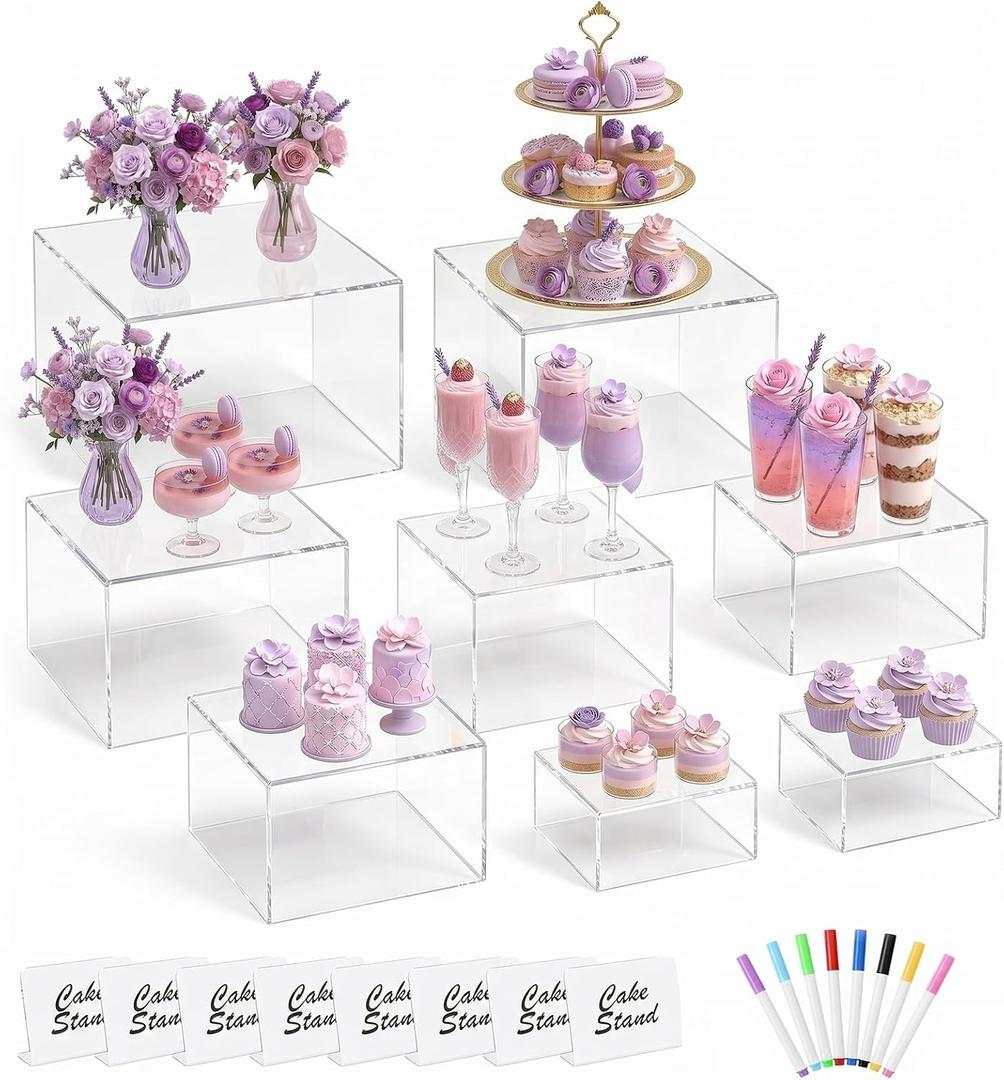 Acrylic Buffet Risers and Stand 8 Pack 9" 8" 7" 6" 5" 5" 4" 4" Clear