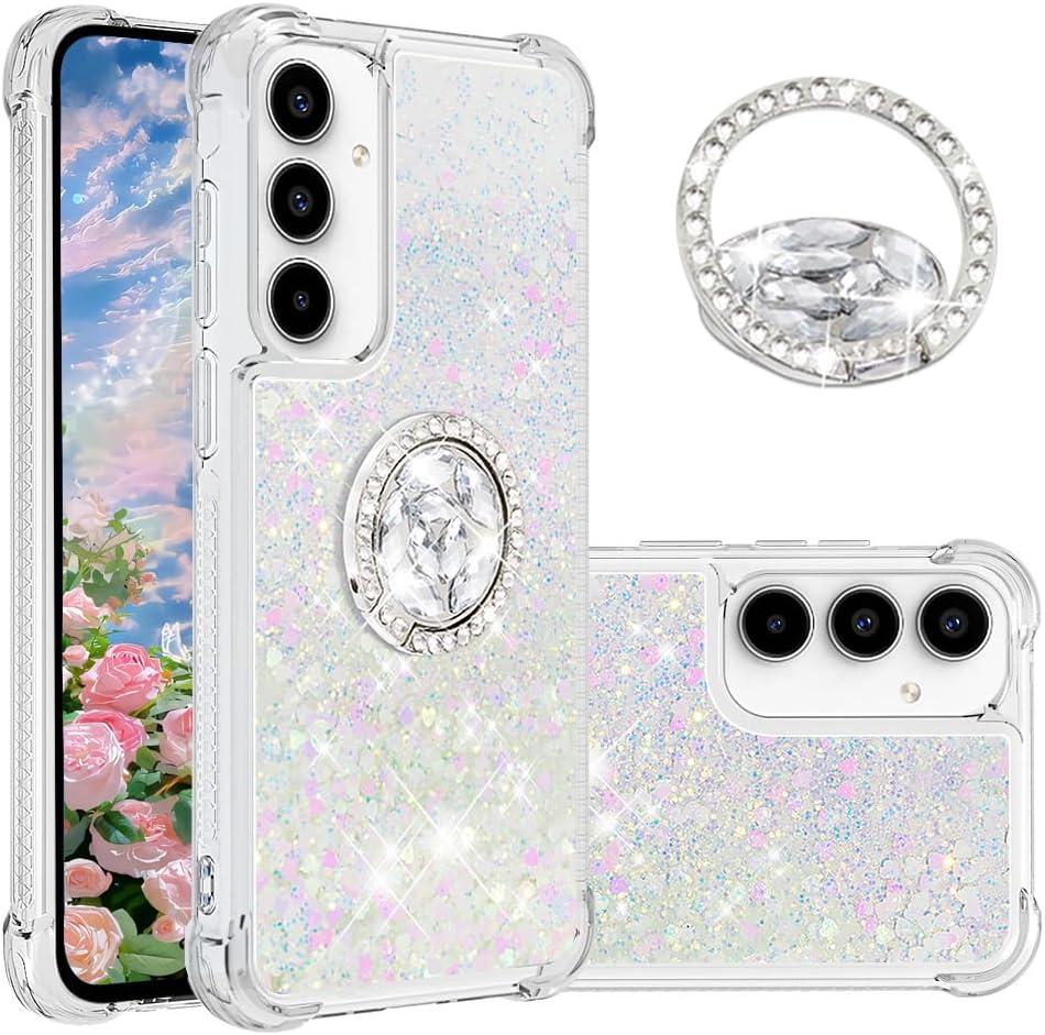 Fofvccv Liquid Glitter Case for Samsung Galaxy A36 5G, Sparkly Quicksand Protective Phone Cover with Rotatable Ring Stand and Shockproof Soft TPU Bumper for Galaxy A36 – LSZ White