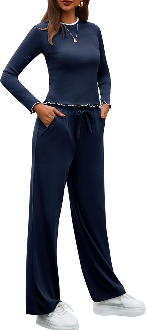 Gargenwed Women's Two-Piece Lounge Set, Long Sleeve Top and Wide Leg Pants with Pocket Casual Comfort Outfit (Medium, Dark Blue)