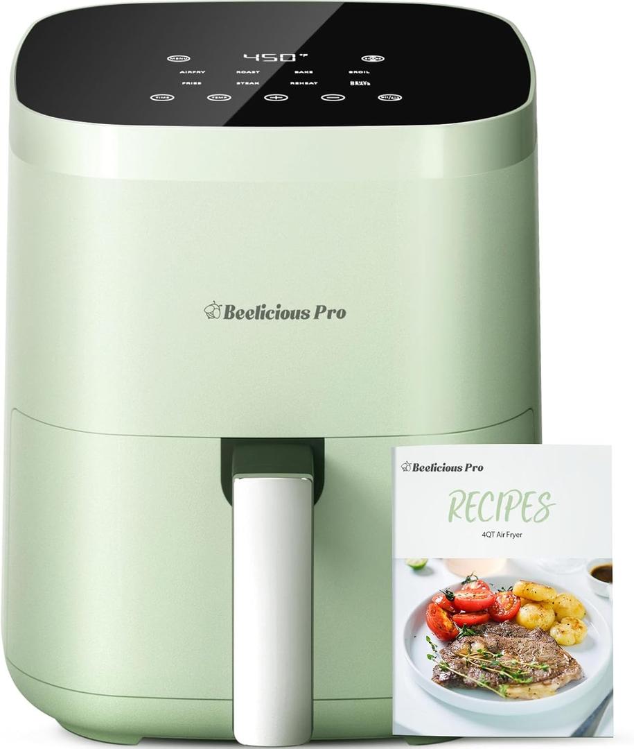 Air Fryer, Beelicious 8-in-1 Smart Compact 4QT Air Fryers, Shake Reminder,450F Digital Airfryer with Flavor-Lock Tech,Tempered Glass Display, Dishwasher-Safe & Nonstick, Fit for 1-3 People, Avo Green