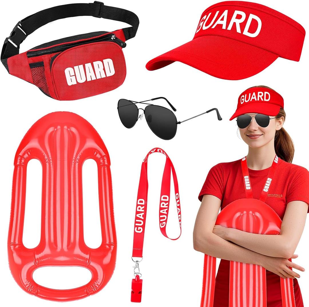 SelfTek 5 Pcs Lifeguard Costume Accessories Set- Lifeguard Hat Guard Whistle Waist Bag Sunglasses Inflatable Float Prop Life Guard Costume Fancy Dress for Women Men Beach Pool Halloween Party Dress Up