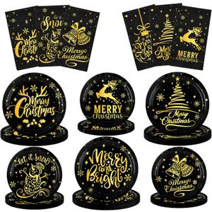 Lenyunge Merry Christmas Tableware - 62pc Black & Gold Plates & Napkins for Winter Holiday Decoration