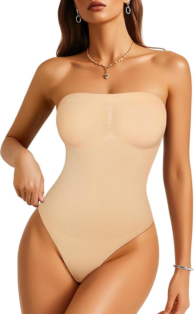 Irisnaya Strapless Shapewear Bodysuit for Women - Thong Bodysuit Tummy Control Tube Top Body Suits with Removable Strap (Beige, M)