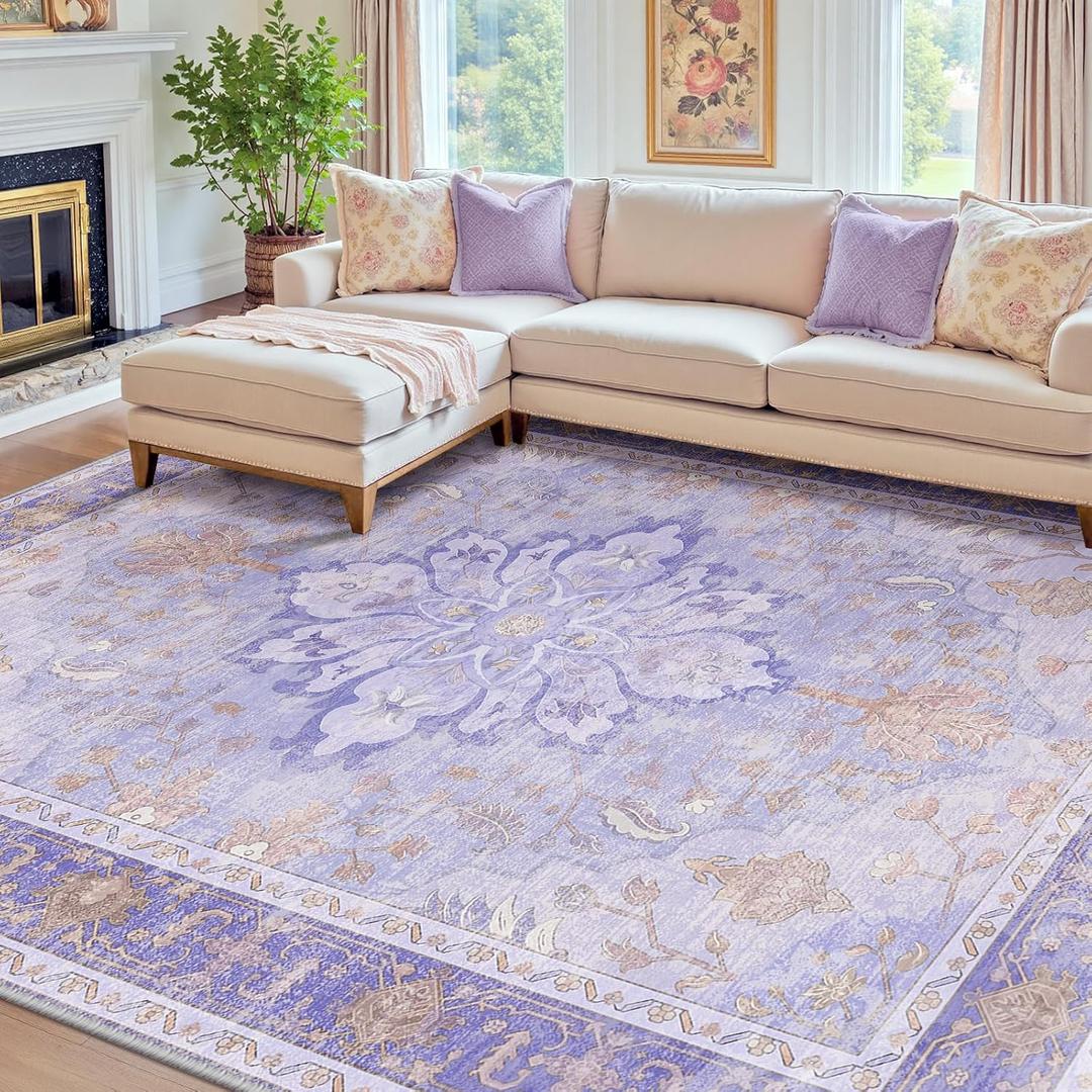 RELEANY Area Rugs 8'x10' Washable Non-Slip, Floral Vintage Distress Print Pattern Medallion Carpet for Living Room Bedroom Dining Room, Light Purple Brown
