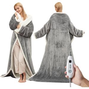 GarveeHome Wearable Heated Blanket with Foot Pocket & Sleeves, Electric Snuggle Throw Blankets, Flannel & Sherpa, 6 Heat Settings & 210 H Auto Shut-Off, 50"70"+18", Light Grey