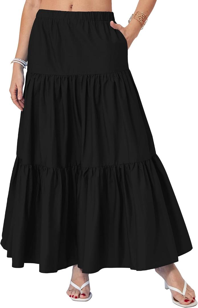 Yulaviniee Women's Boho Maxi Skirt with Pockets High Waisted Layered Tiered Casual A-Line Long Flowy Skirts, XL