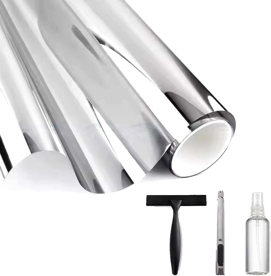 Two-Way Silver Mirror Film, Dual Reflective Window Tint, Privacy Window Film Silver, Heat Reduction Window Film, UV Blocking Window Covering, Anti-Glare Window Tint, (17.5lnchx78.7Inch)