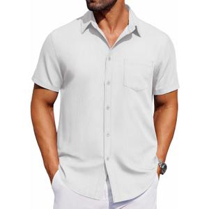 COOFANDY Mens Casual Button Down Shirt Short Sleeve Untucked Wrinkle Free Dress Shirt with Pocket, White, Medium