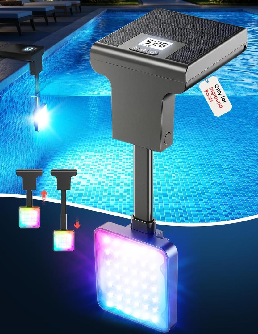 Solar Pool Lights for Inground Pools,Upgraded Solar Lights with LCD Pool Thermometer, Underwater Submersible Led Light for Pool Accessories, Swimming Pool Lighting with 10 Light Modes, 1PC