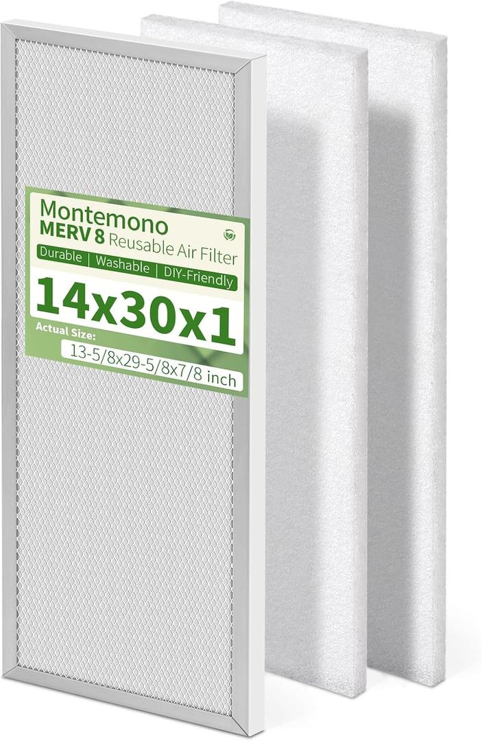 14x30x1 Reusable Air Filter MERV 8 Washable Furnace & AC Filter with 2 Extra Media Pads, Aluminum Electrostatic Air Filters for Home, Fits HVAC System, Air Conditioner, Air Handler