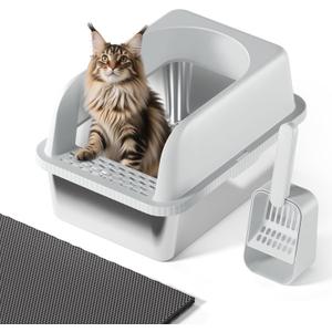 Stainless Steel Cat Litter Box with Lid, 20" L x 14.2" W x11.8 H, Large Cat Litter Box for Multiple Cats with High Sided, No-Leak & Stick, Easy to Clean, Includes Litter Mat & Multi Functional Scoop