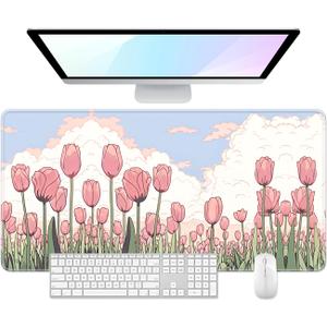Desk Pad, 32" x 16" XXXL Extended Large Gaming Mouse Pad, Desktop Decor Desk Mat, Men Women Office Supplies and Accessories, Cute Anime Mouse Mat for Laptop & Keyboard, Pink Tulip