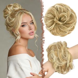 FESHFEN Large Messy Bun Hair Piece - Wavy Synthetic Chignon Scrunchies Elastic Ponytail Hair Extensions Thick Hairpieces for Women, Sunny Blonde 1.94oz