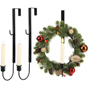Amyhill 2 Pcs Christmas Wreath Hanger for Front Door with Holder 15 Metal Wreath Hanger Hook with 2 Battery-Operated for Christmas Holiday Front Door Decor