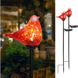 Bshine Solar Garden Decoration Outdoor Cardinal Lights, Hand Blown Glass Waterproof Solar Light Stake Red Cardinal Decorate Paths, Pathways, Lawns and Yards Art for Mom Gift, 2 Pack
