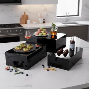 3 Pack Extra Large Acrylic Buffet Risers - 14”, 12”, 10” Gold Display Stands with Hollow Bottoms, Cube Riser Boxes Nesting for Dessert Food Catering Buffet Display Party Supplies