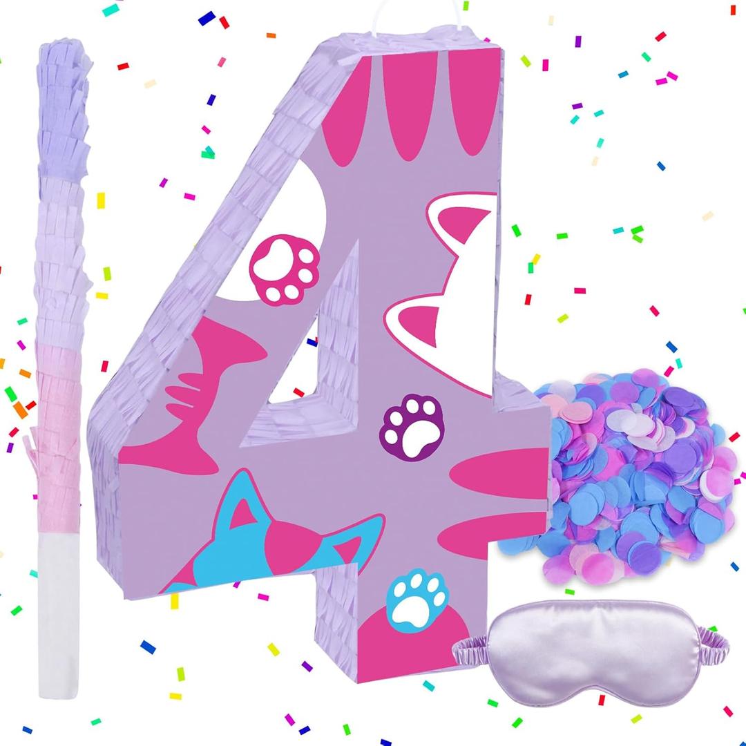 Cat Number 4 Piata, 15.75" x 11" x 2.76" Kitten Piata Birthday Party Decorations Includes Wooden Stick, Blindfold and Confetti for Cat Theme 4th Birthday Party Supplies