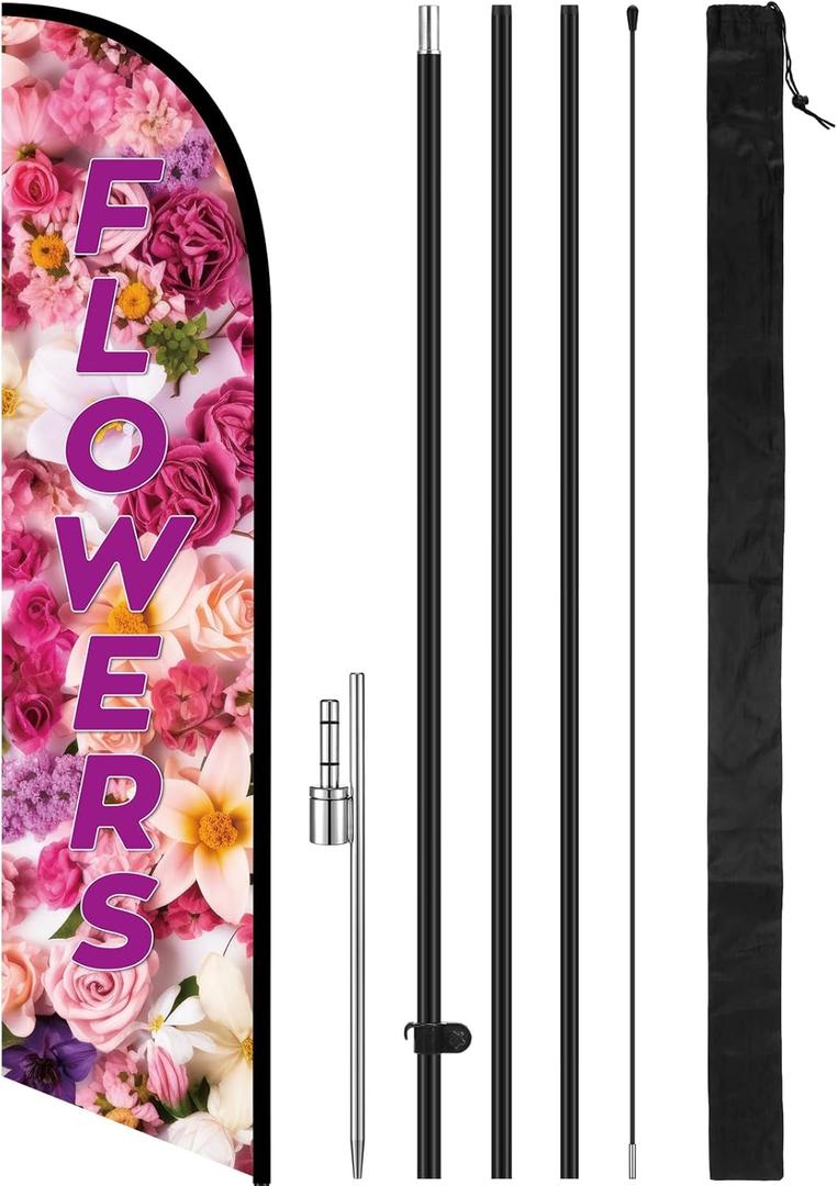 Tingjoo 15FT Flowers Feather Flag Pole Kit for Outdoor Advertising Feather Banner with Fiberglass Pole Kit and Ground Spike for Outdoor Event Planning