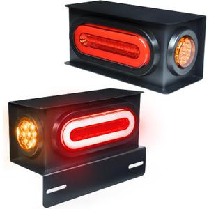 2Pcs Trailer Halo Light Steel Box Housing w/6" inch Oval 52 Red LEDs Stop Turn Tail Lights & 2" inch 9 Amber LEDs Clearance Side Marker light w/License bracket Recessed Mount submersible IP67,DC 12V